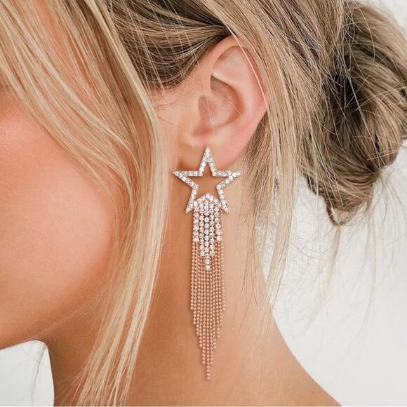 Rose Gold with White Diamond Crystal Star Beaded Tassel Post Back Drop Earrings - Picture 3 of 6